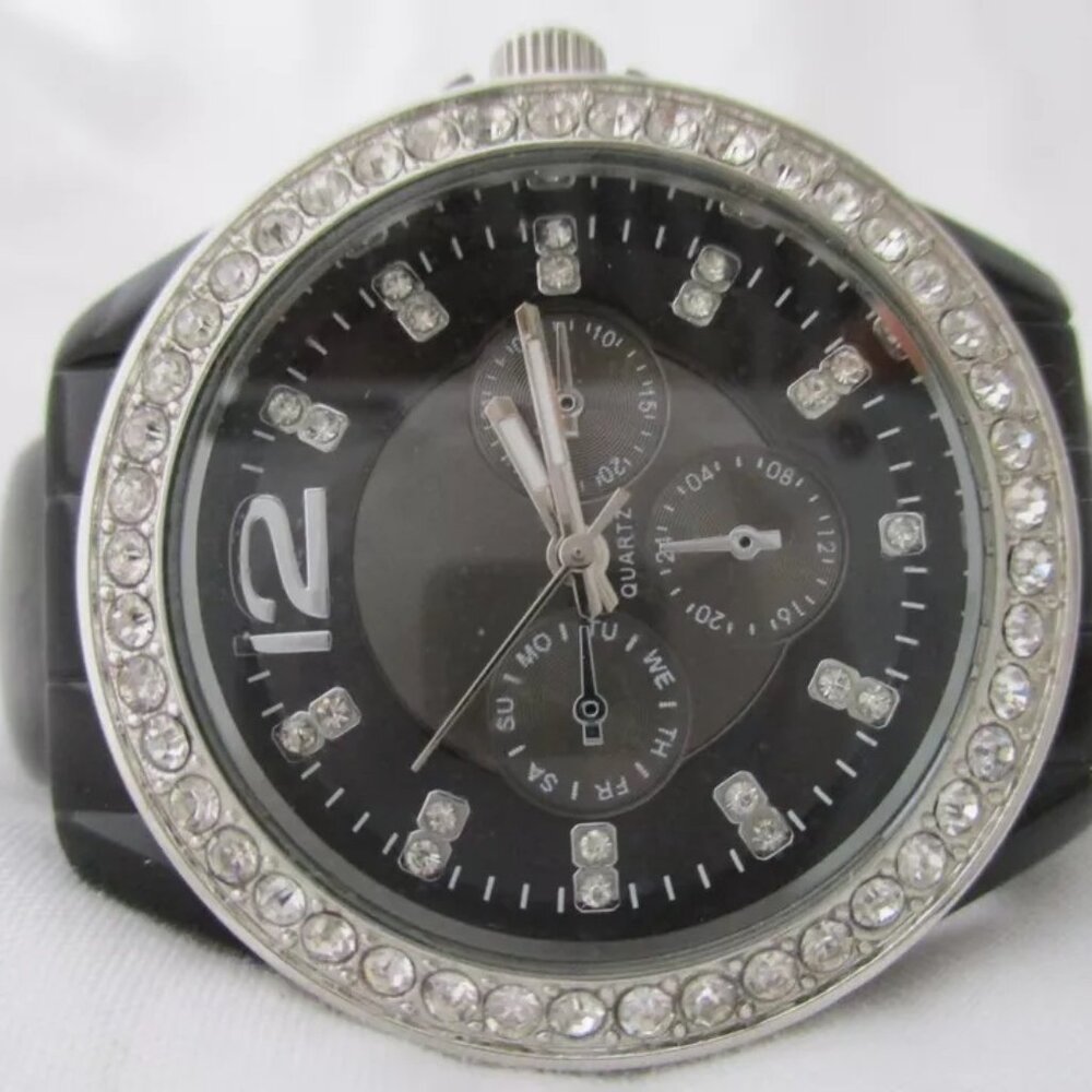 Black Cuff Watch With Rhinestones